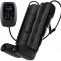 Air compression leg, arm, and waist massager set with remote control on a grey background.