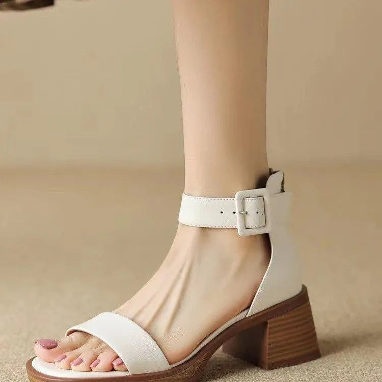 Women's retro ankle-strap platform high heels in round-toe design, white and khaki colour options