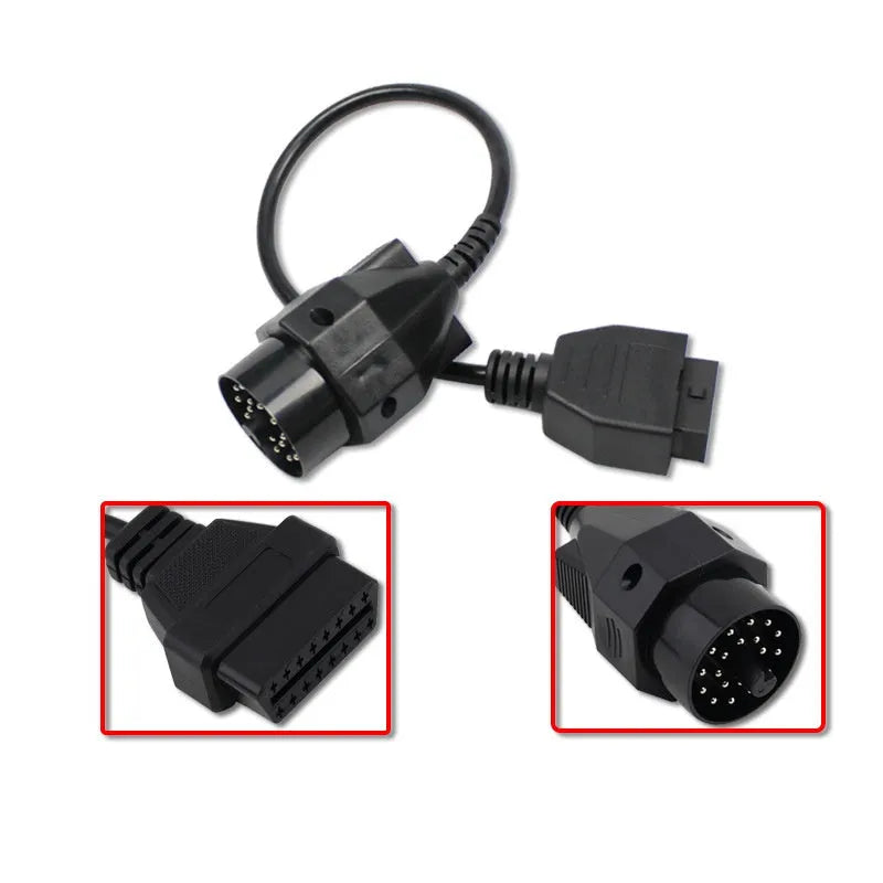 BMW OBD2 diagnostic adapter cable showing 20-pin male and 16-pin female connectors
