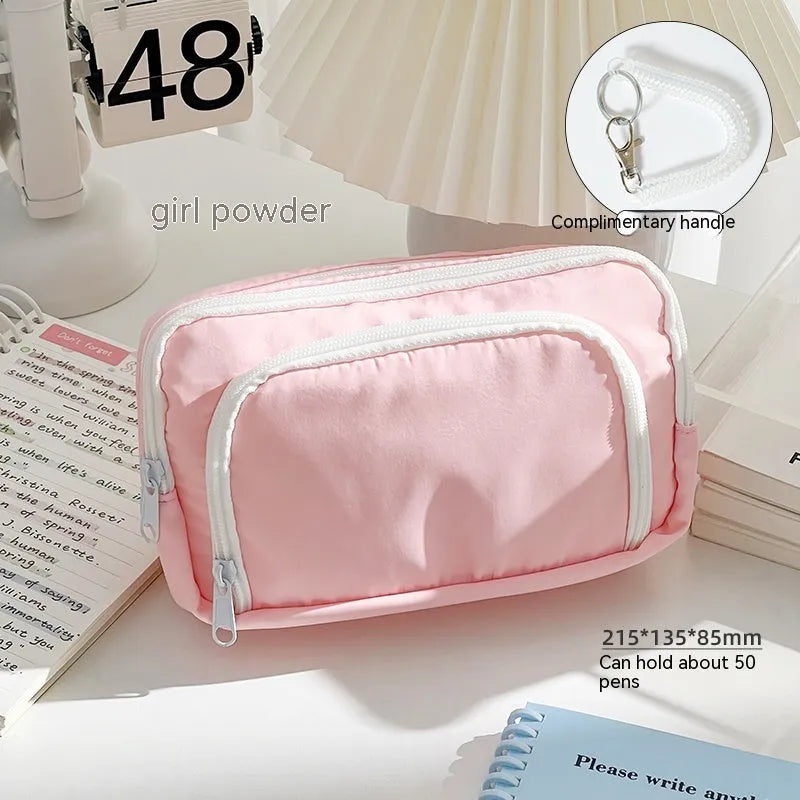 Double layer pencil case in solid colour with gift handle for exam stationery organisation