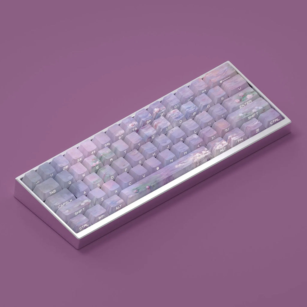 Wenshao Sleeping Lotus PBT keycap set with side-carved transparent legends, 130 keys for mechanical keyboards.
