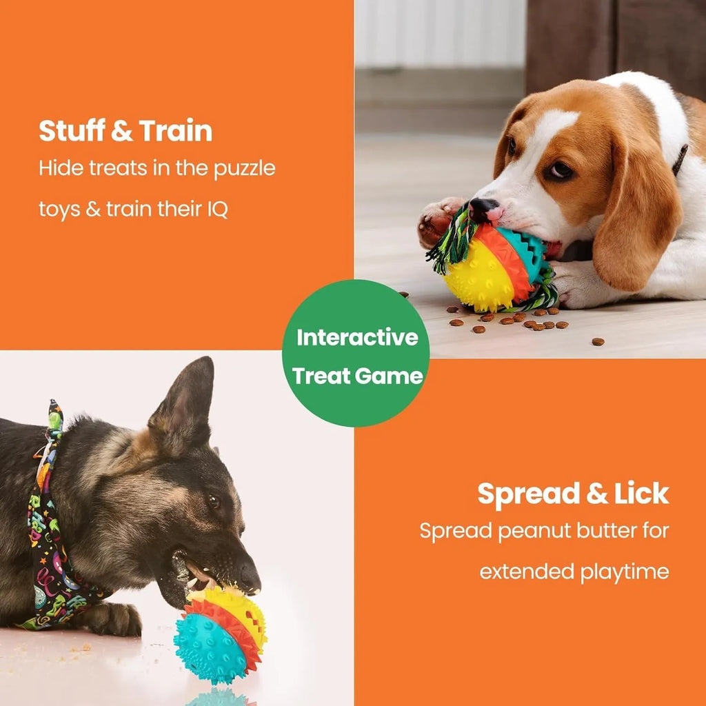 Blue and red TPR rubber squeaky dog ball toy with treat dispenser hole, for large aggressive chewers.