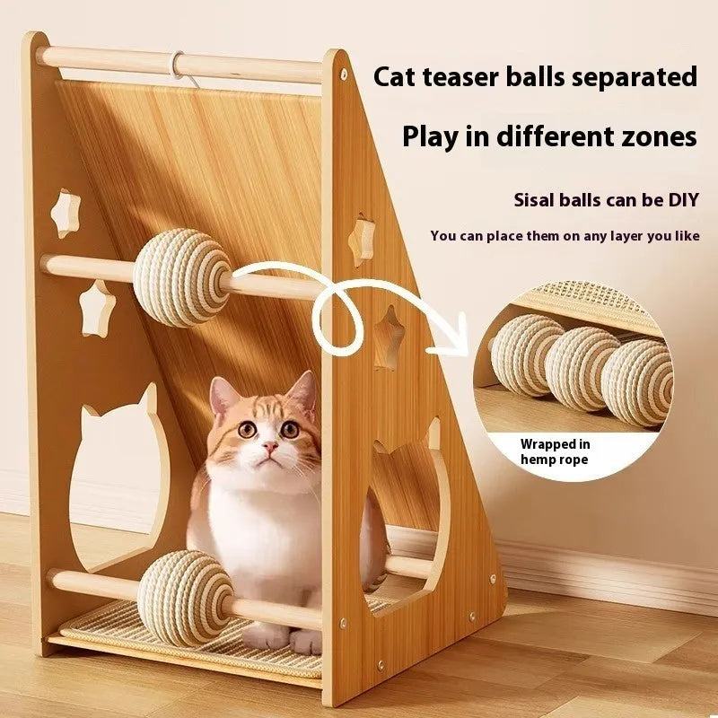 Vertical wall-mounted cat scratch board with integrated teasing ball and natural sisal rope surface