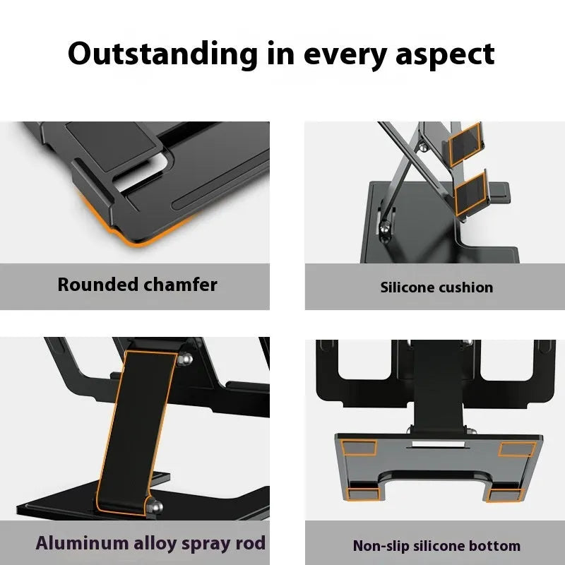 Flat black metal foldable notebook bracket with rotating base on a wooden desk