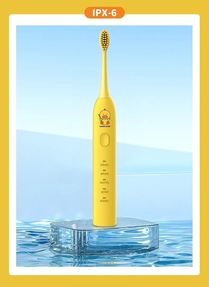 Yellow rechargeable electric toothbrush with USB charging port and soft bristle brush head