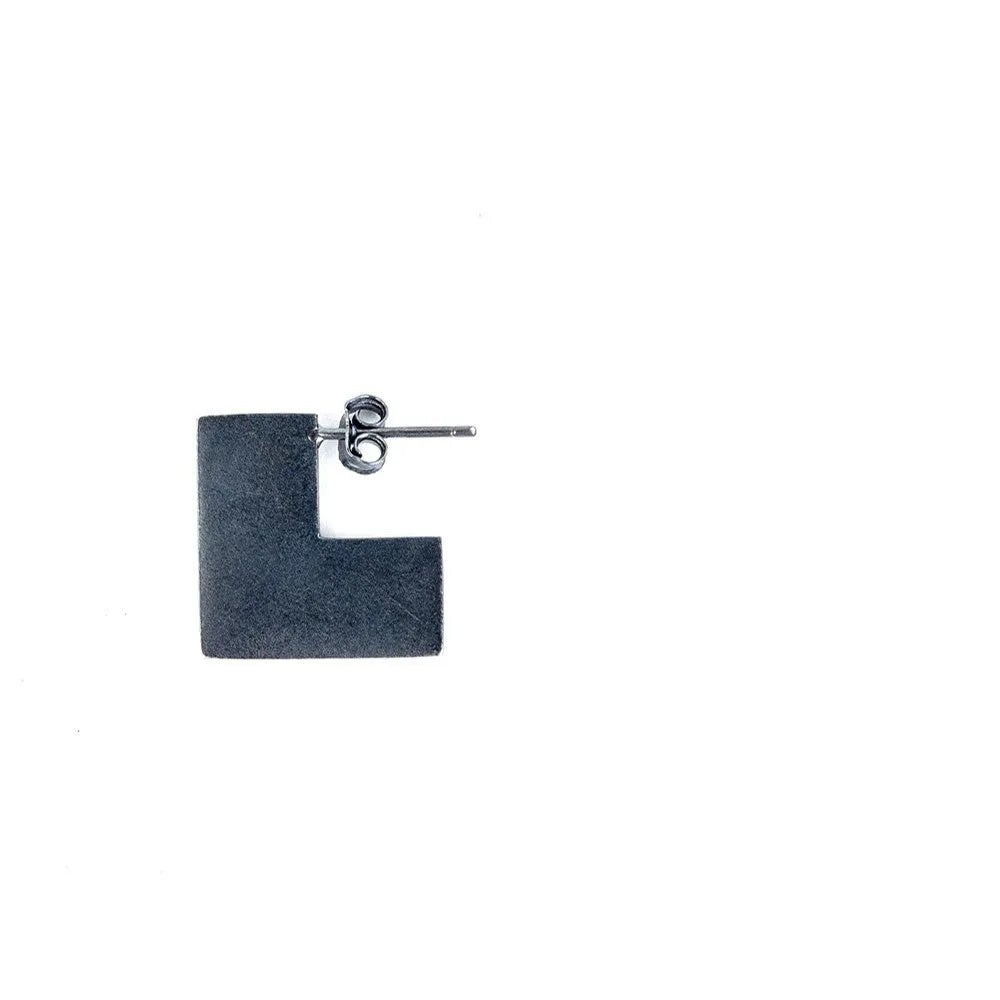 Oxidised black geometric square sterling silver earring ring with minimalist design