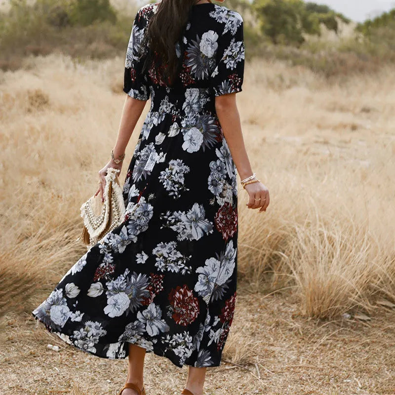 Floral print women's beach dress with V-neck and elastic waist in yellow colour