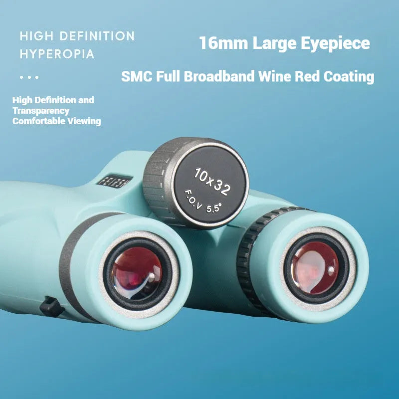 Blue or grey coloured 10x32 plastic binoculars with 32mm objective lenses.