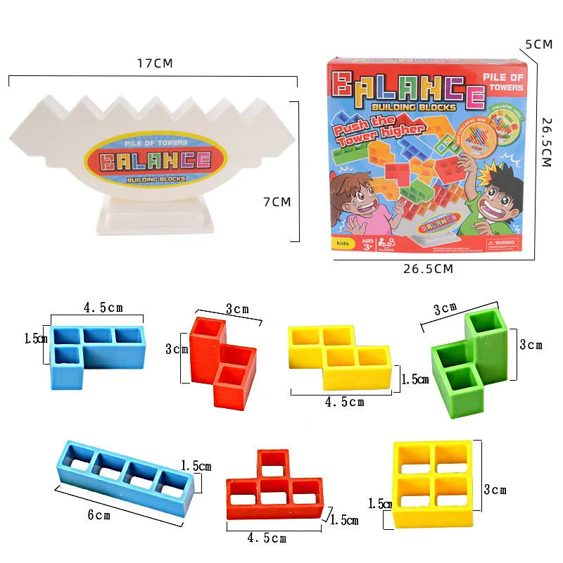 Plastic balance stacking game with 16 colourful building blocks, chassis and base on table