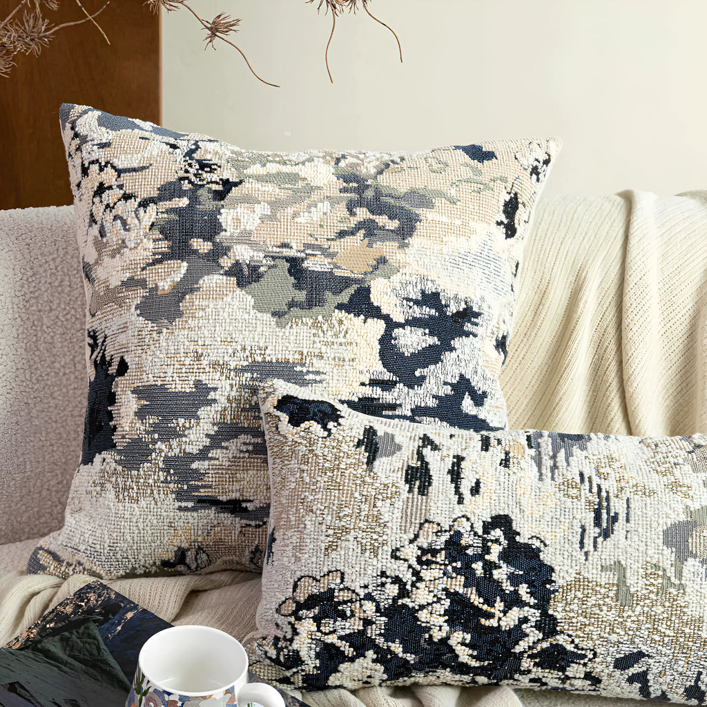 Antique blue floral print decorative cushion with wool blend fabric, shown in square and waist pillow sizes.