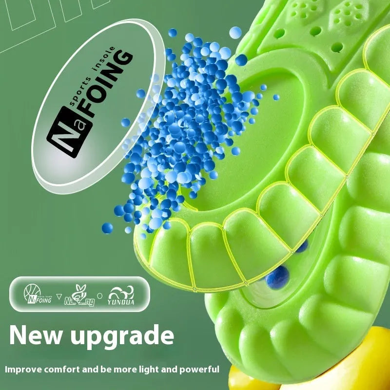 Green PU air cushion sports insoles for shock absorption, showing size scale.