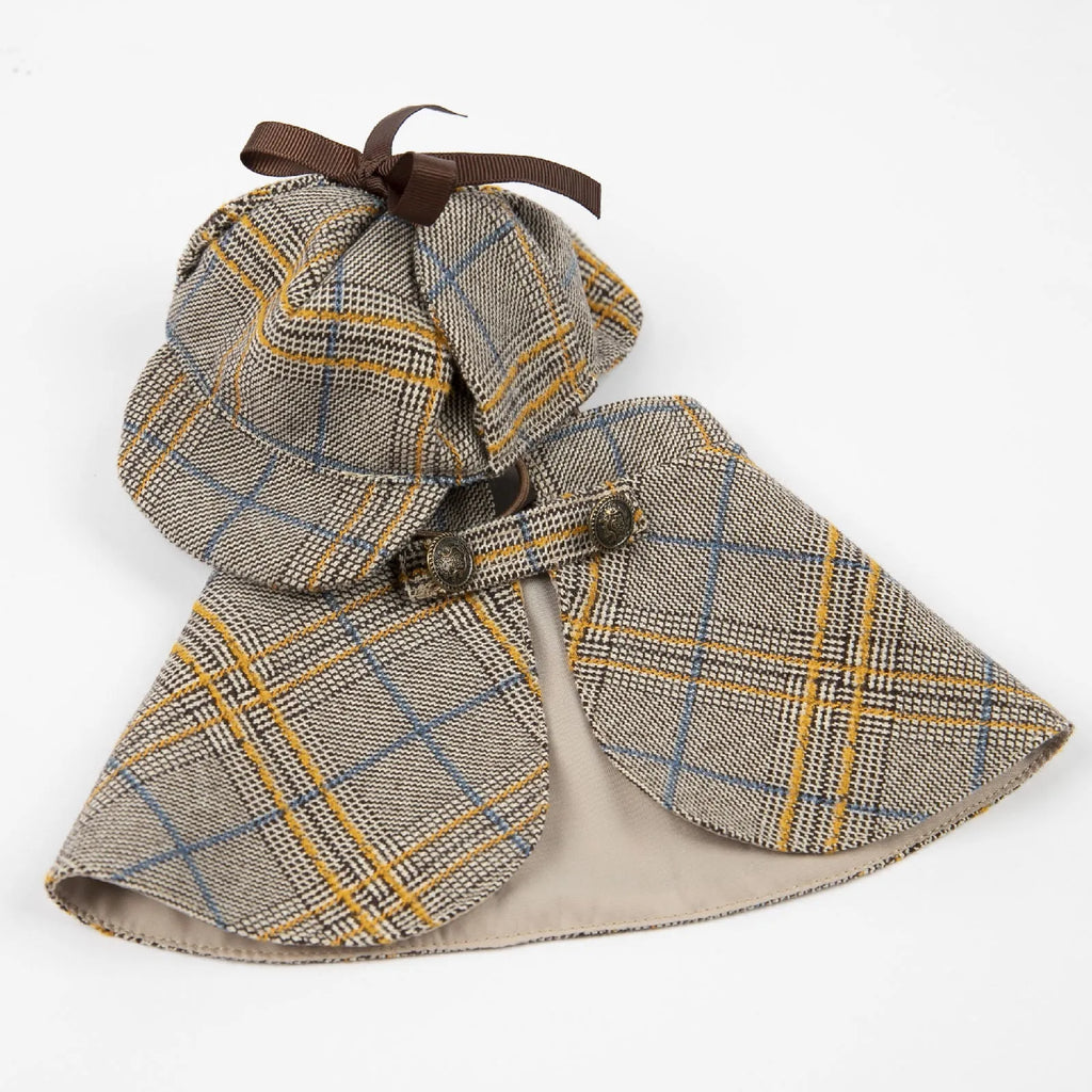 Camel coloured cotton pet cloak with adjustable hat shown in multiple sizes for dogs and cats