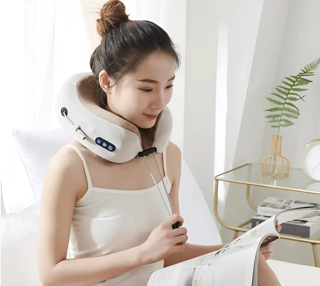 Brown U-shaped electric neck massager pillow with kneading massage and heat function