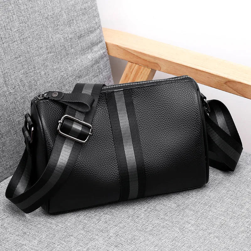 Black genuine leather one-shoulder crossbody bag with large capacity dimensions