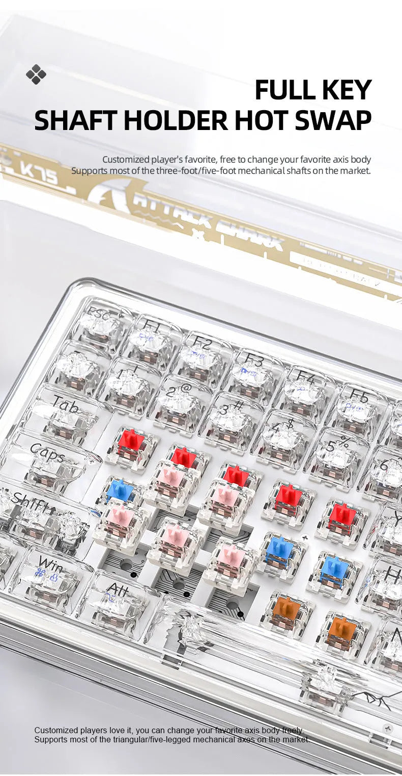 Attack Shark K75 transparent wireless mechanical keyboard with RGB backlighting on a desk