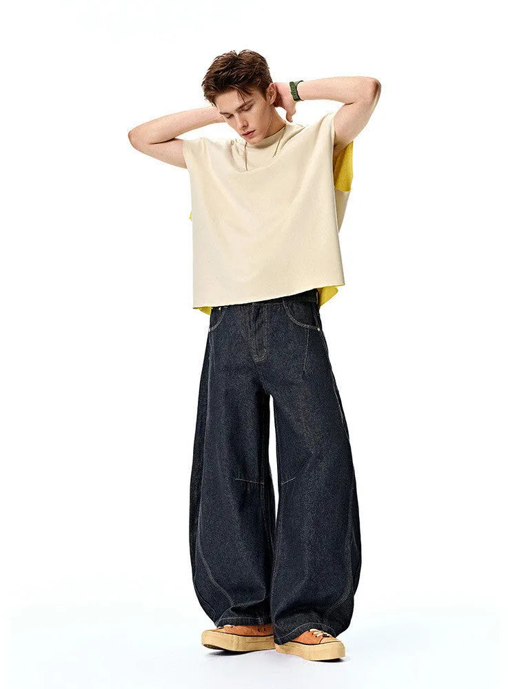 Men's wide leg denim trousers in original cow colour with mid waist cut