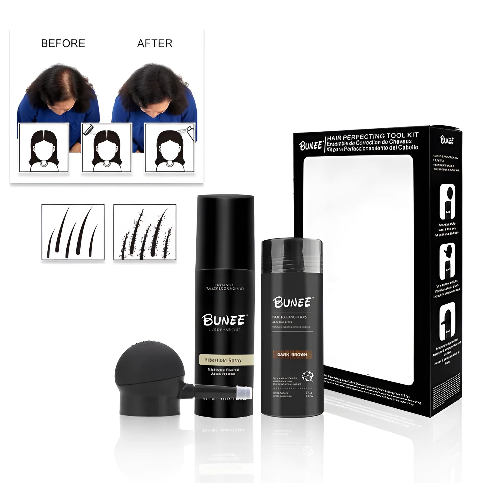 Boxed set of hair building fibre powder, styling spray and nozzle for volumising thin hair.