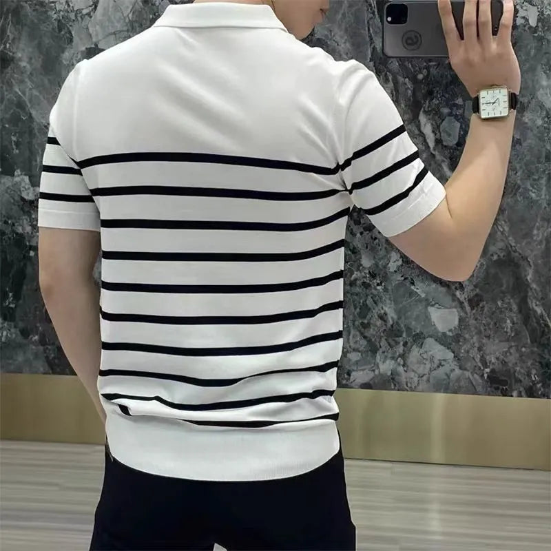 Black and white striped lapel knitted T-shirt pullover with chemical fibre blend construction