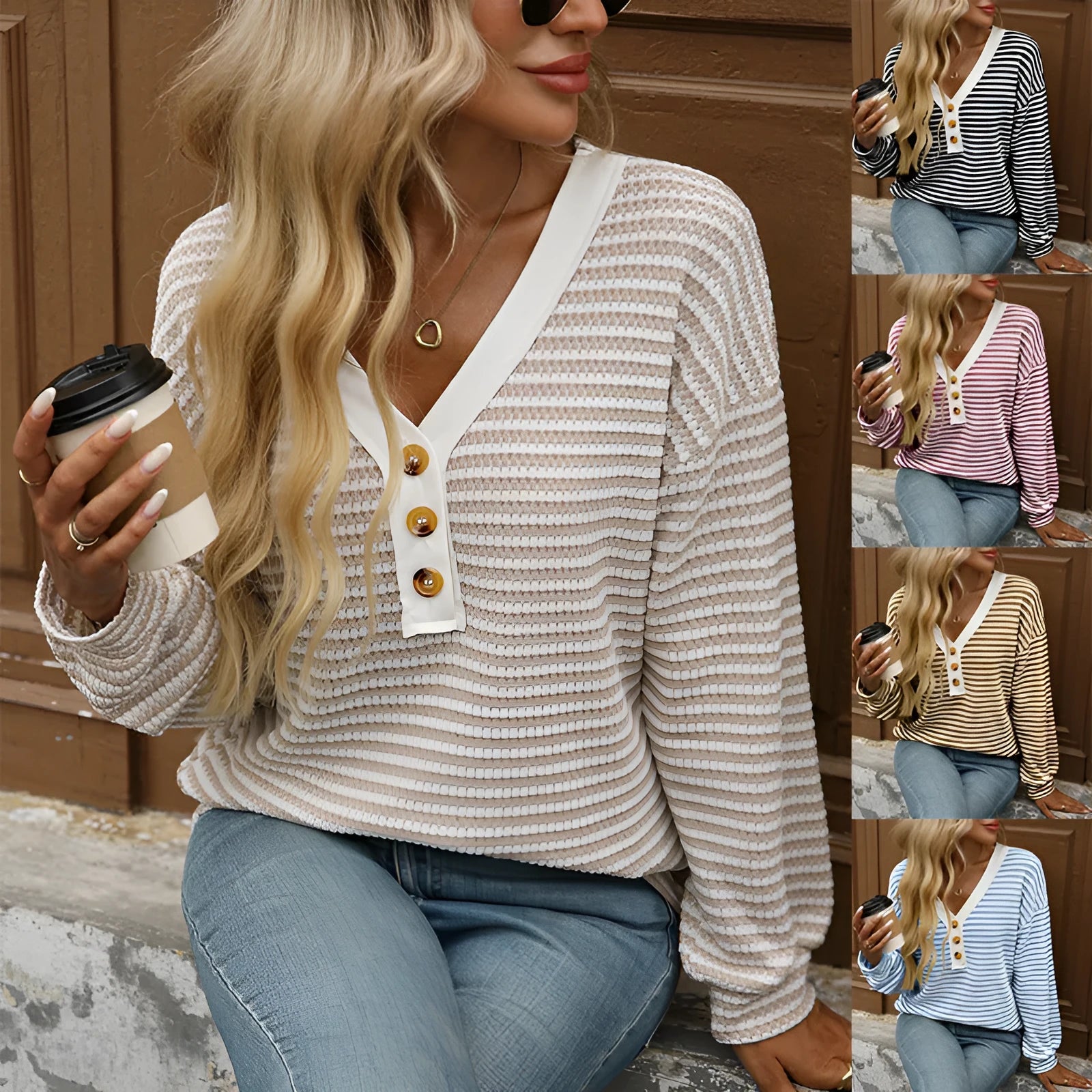 Women's V-neck pullover top with patchwork detailing in polyester fabric, loose street fashion style