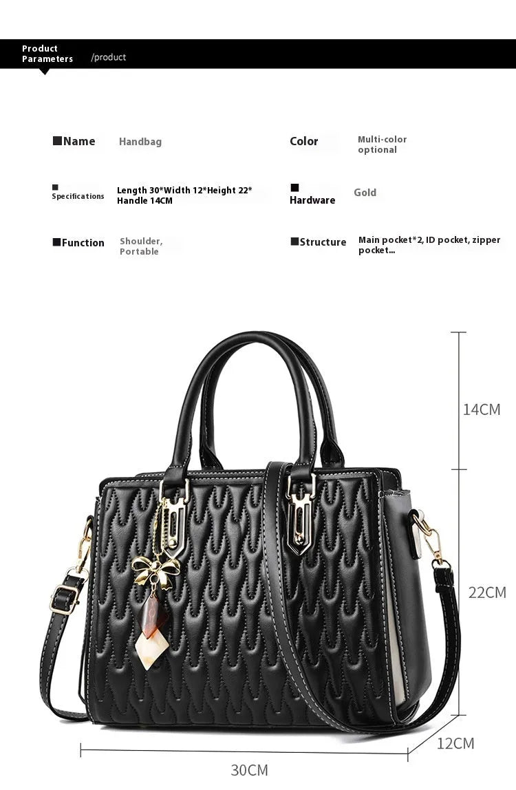 Women's black large-capacity shoulder messenger bag with an external sandwich pocket.
