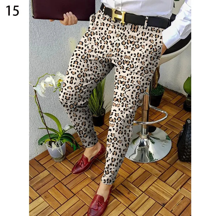 Men's slim-fit straight-leg casual trousers in a grey 3D printed plaid pattern, showing front view.