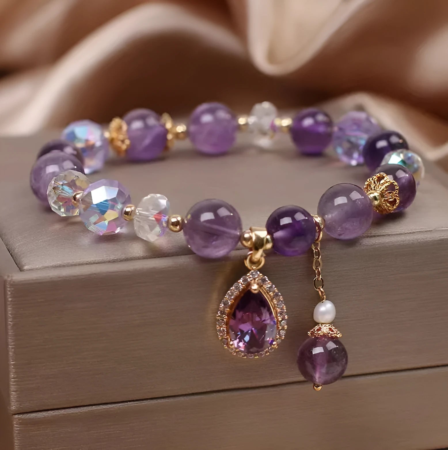 Purple natural amethyst crystal bracelet for women with micro inlay construction.