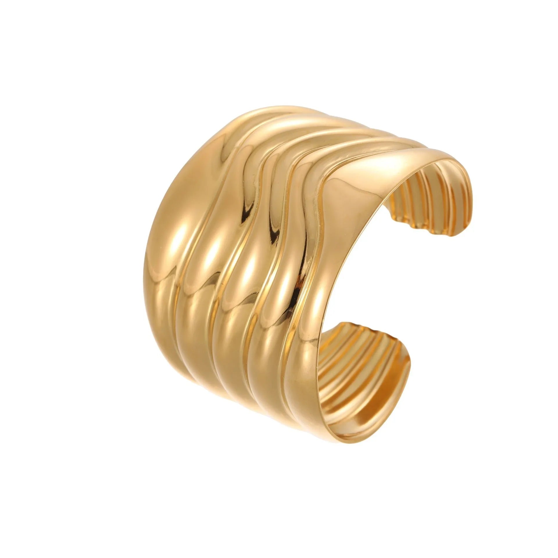 Women's exaggerated wide stainless steel bracelet with 18K gold plating and wave geometric design.