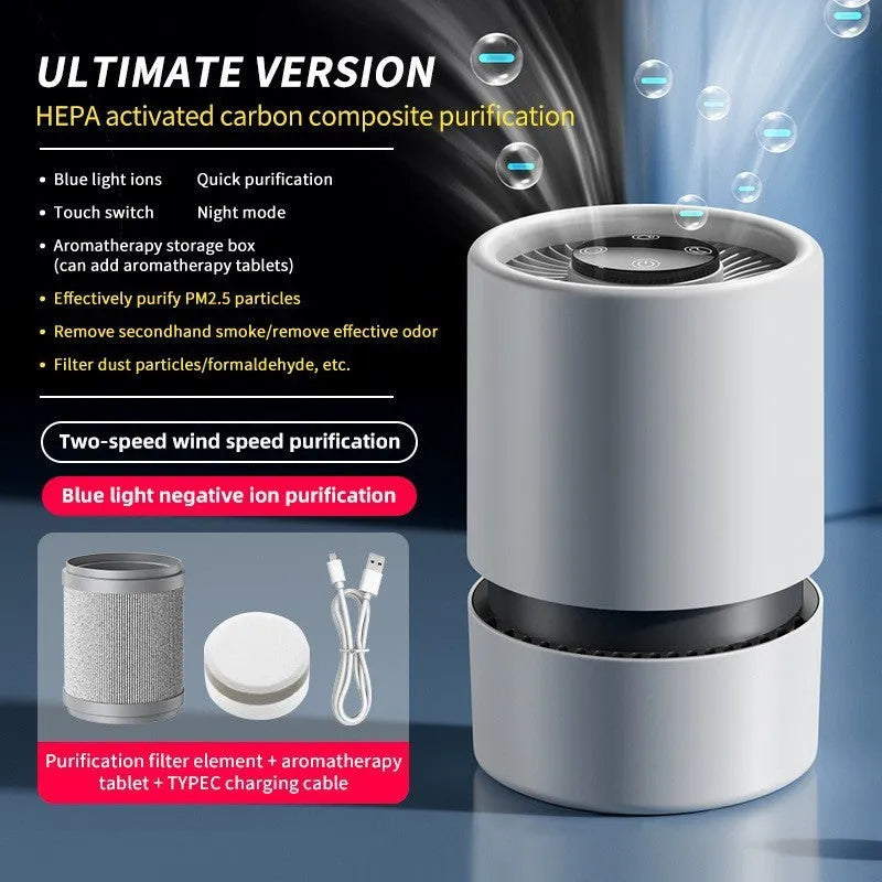 White desktop air purifier unit with USB cable for formaldehyde and odour removal in small rooms