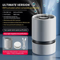 White desktop air purifier unit with USB cable for formaldehyde and odour removal in small rooms