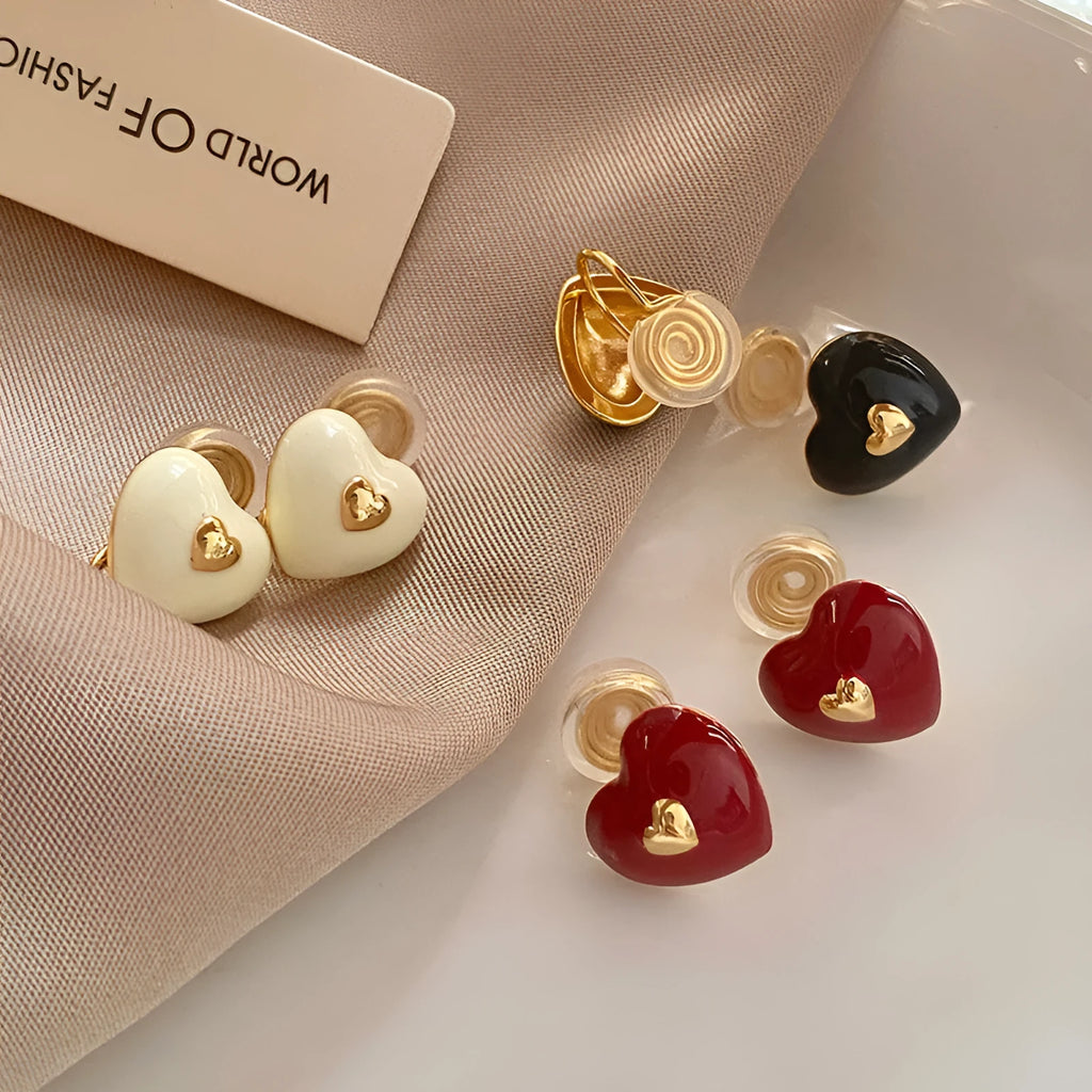 Vintage red heart-shaped copper earrings with oil dripping finish and 925 silver needle post