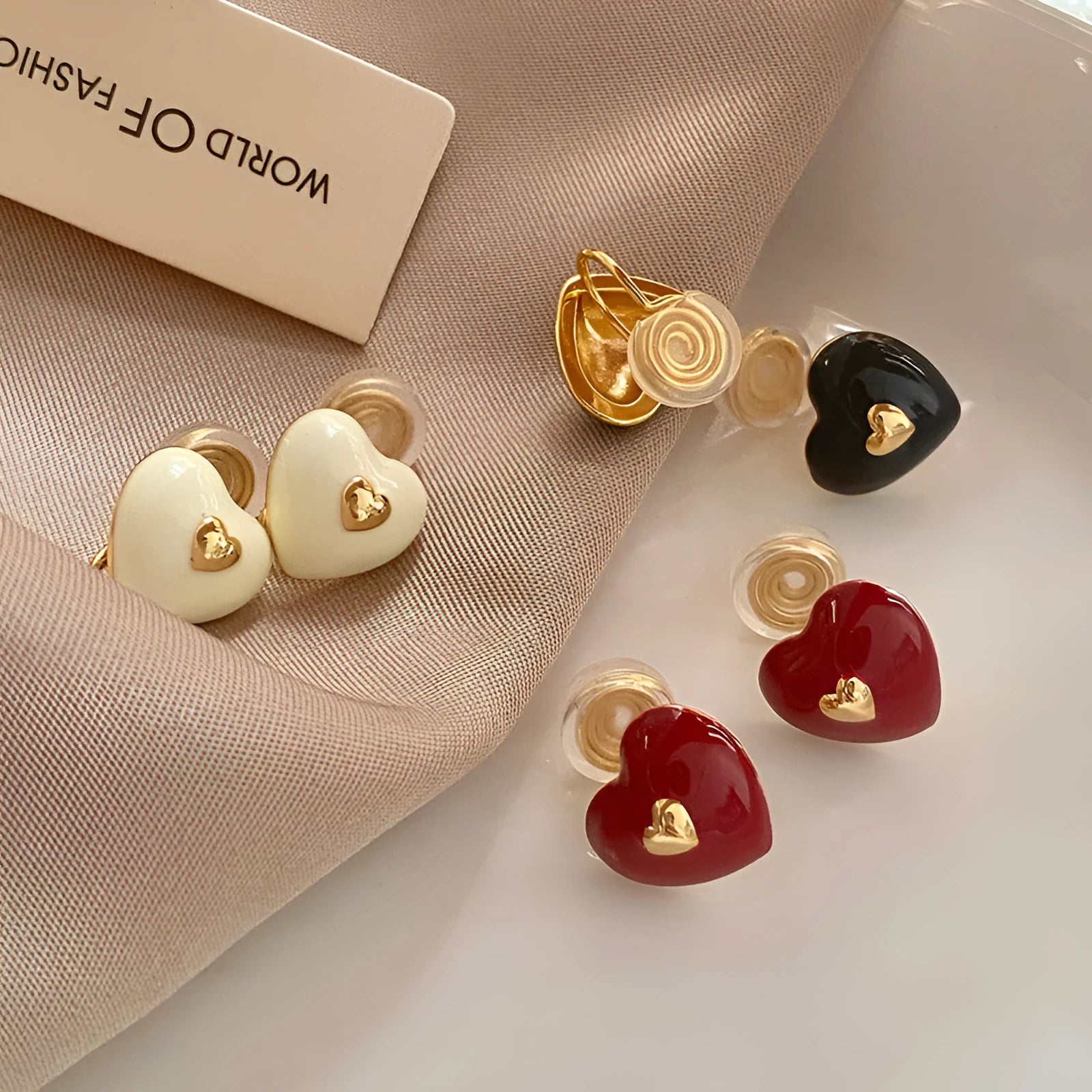 Vintage red heart-shaped copper earrings with oil dripping finish and 925 silver needle post