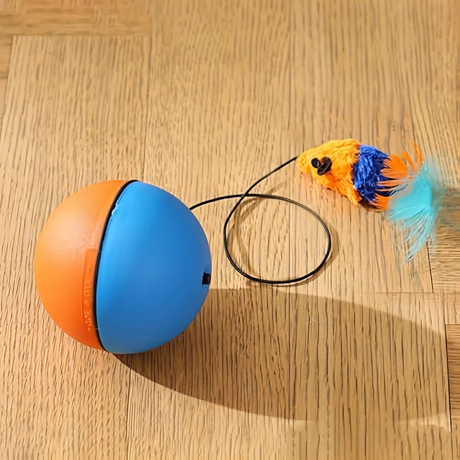 Interactive cat toy ball plush mouse with two removable tails in blue and orange colours