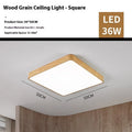 Square Nordic style LED bedroom light with wood grain finish, shown in a modern room setting.