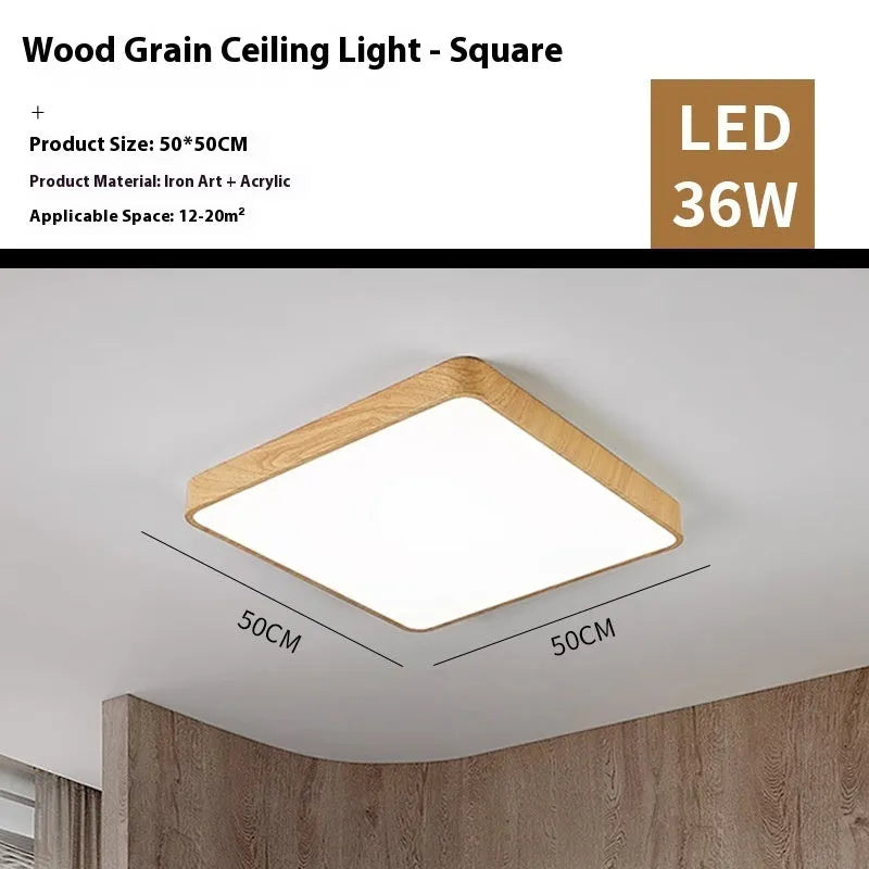 Square Nordic style LED bedroom light with wood grain finish, shown in a modern room setting.