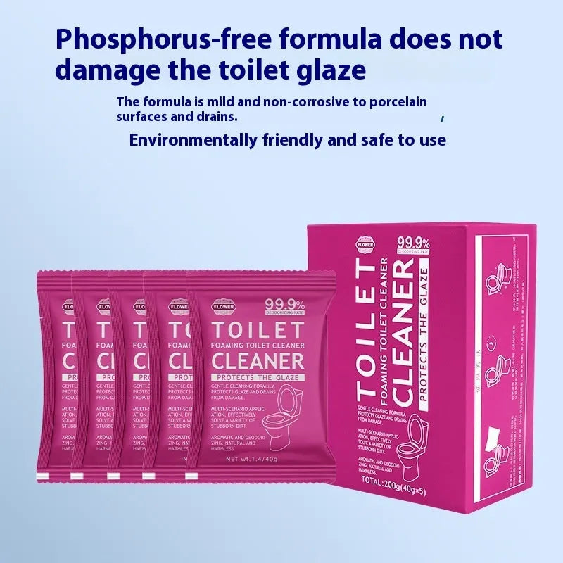 Toilet bubble descaling powder in blue ocean or pink floral scent, in boxed or large bag packaging.