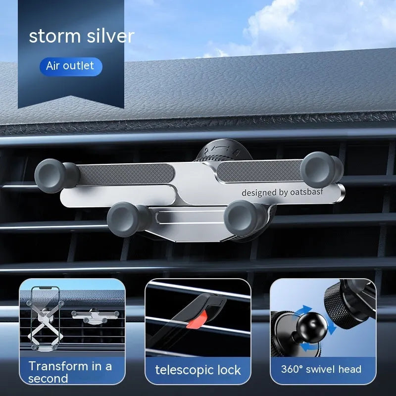 Aluminium alloy car phone holder mounted on vehicle air vent in black finish