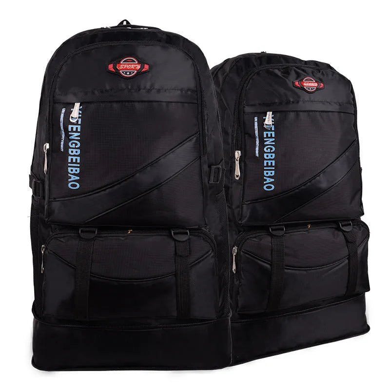 Men's simple outdoor sports large-capacity nylon backpack in black, with 56-75L capacity and dimensions 17x37x64 cm