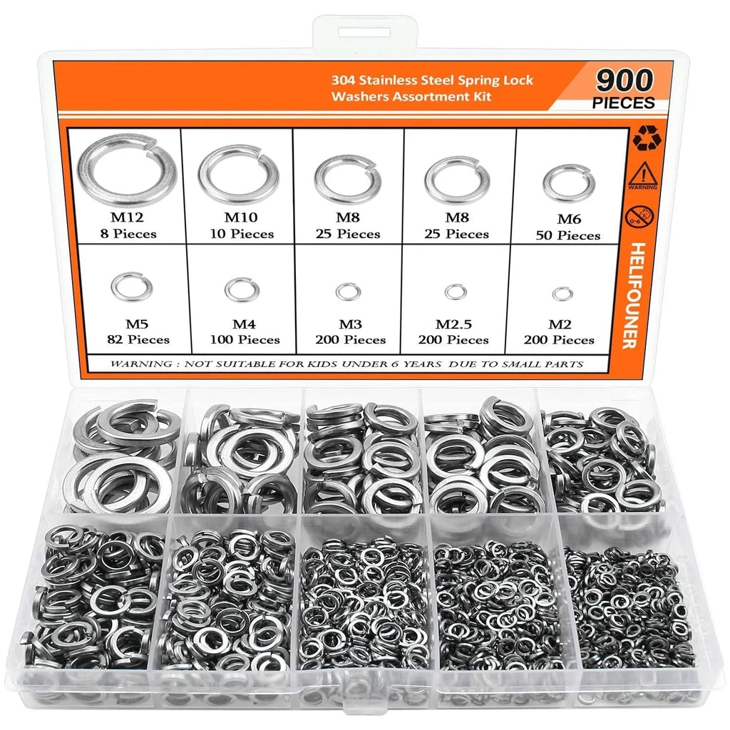 304 stainless steel spring lock washer combination box containing 900 pieces with 2-12mm inner diameter range