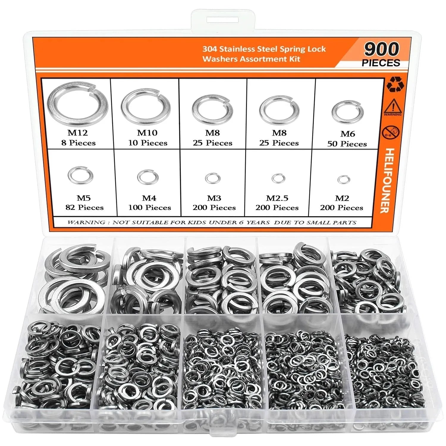 304 stainless steel spring lock washer combination box containing 900 pieces with 2-12mm inner diameter range
