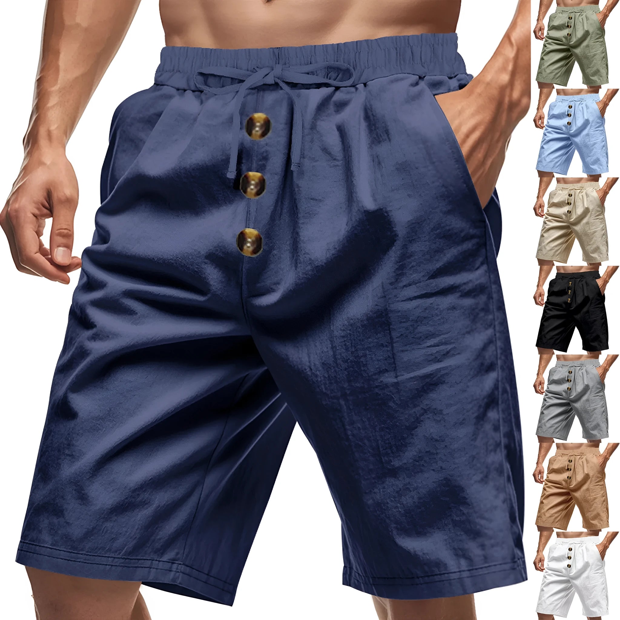 Men's loose straight polyester shorts in light khaki with elastic waist, side view on white background