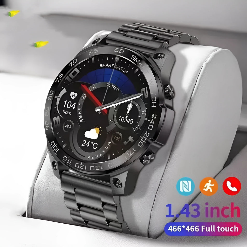Round black smartwatch with silicone strap on wrist, showing AMOLED always-on display with fitness metrics.