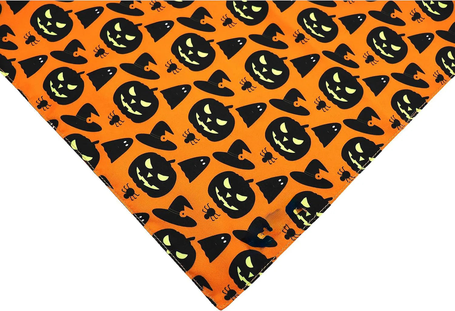 Black and orange reversible Halloween dog bandana with pumpkin and spider web patterns, adjustable for necks up to 16 inches