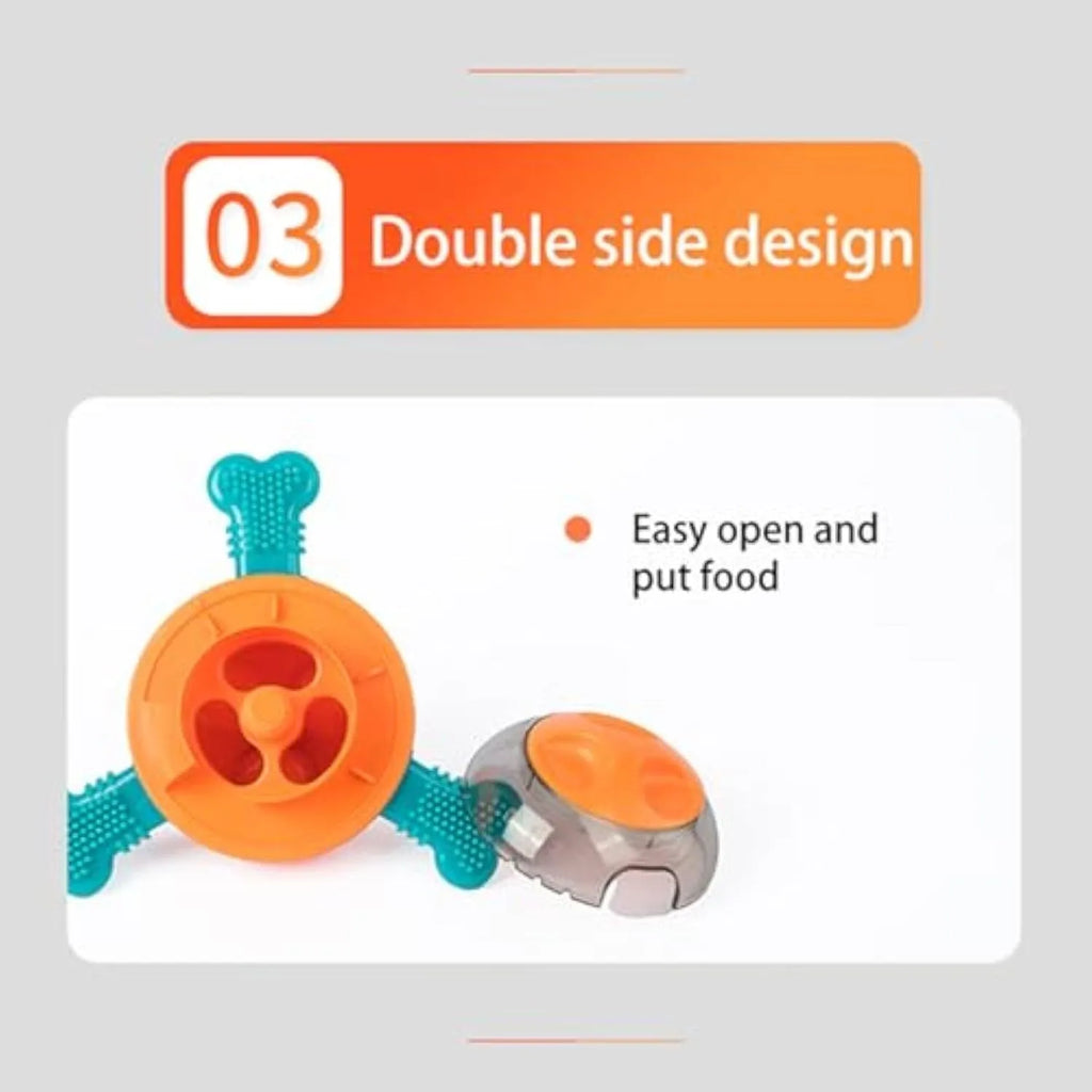 Interactive dog chew toy with rubber bones for small and medium puppies, shown as slow feeder puzzle