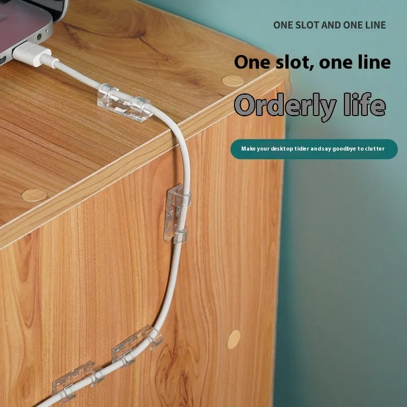 Transparent plastic self-adhesive cable routing clips in four sizes for wire organisation