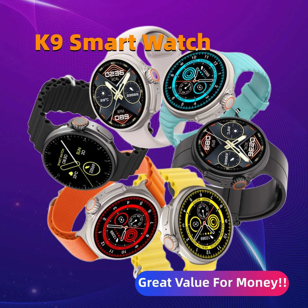 K9 smartwatch with round screen on silicone strap, showing health stats and NFC payment icon.
