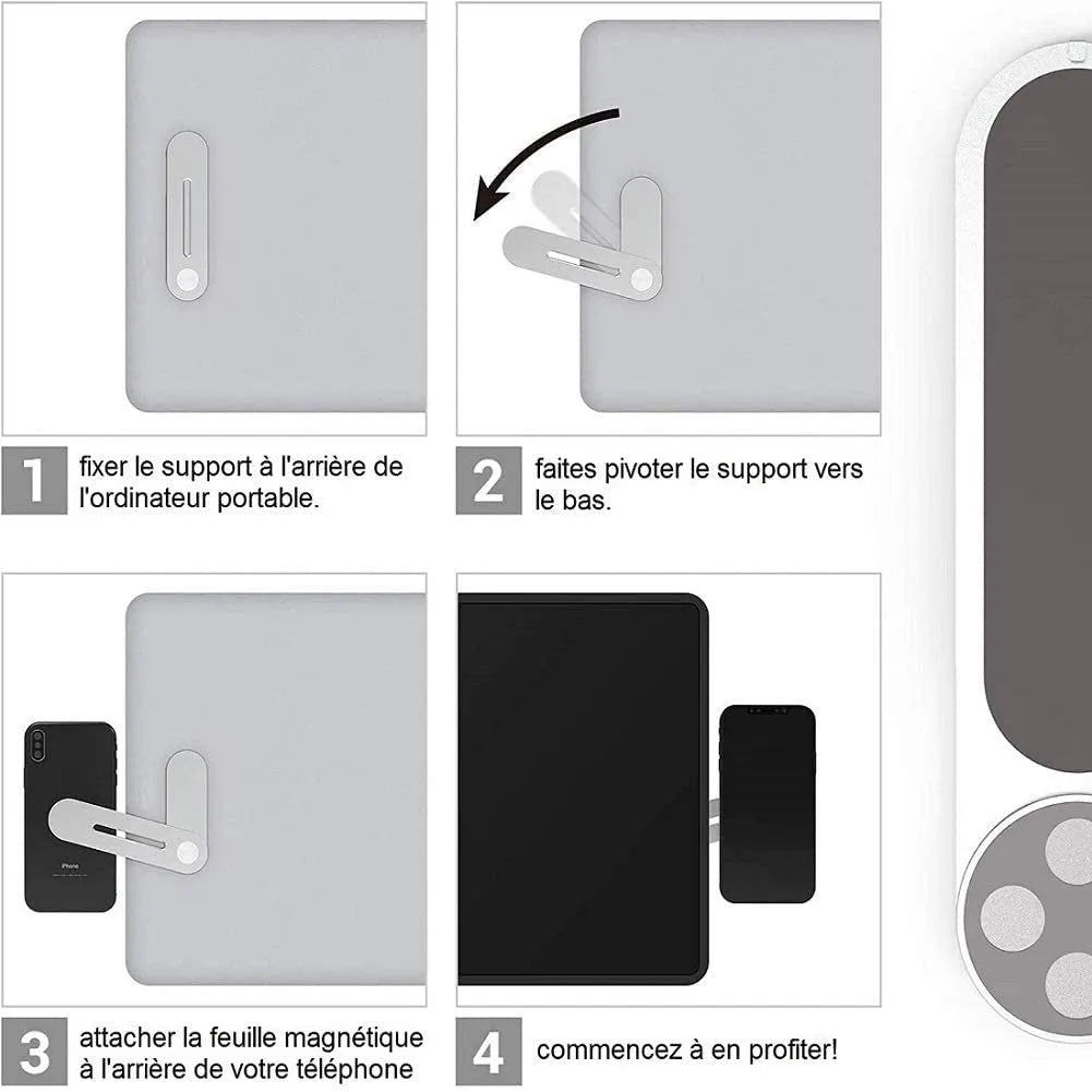Silver aluminium laptop side mount bracket holding a mobile phone next to a laptop screen.