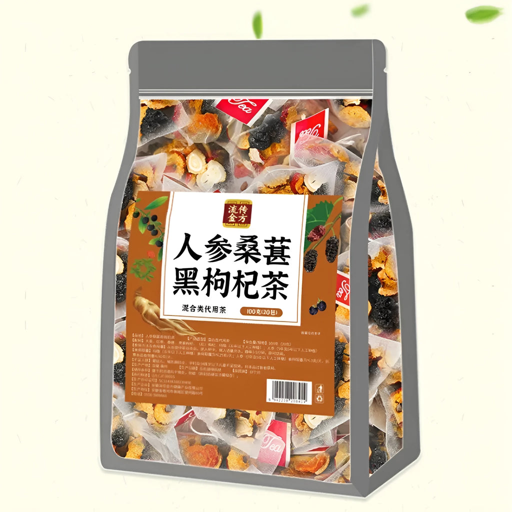 Bag of ginseng black wolfberry tea showing 40 individual sealed sachets.