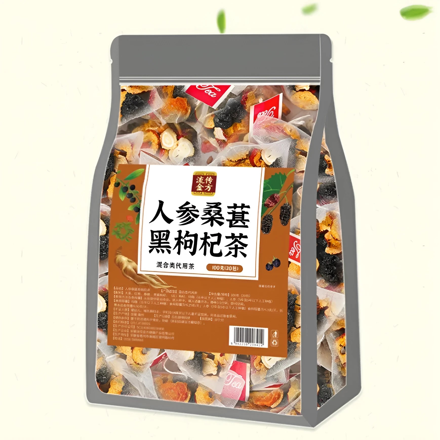 Bag of ginseng black wolfberry tea showing 40 individual sealed sachets.