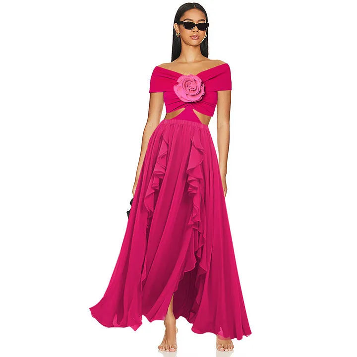 Women's one-piece swimsuit with hollow-out floral pattern and a matching wrap skirt laid flat.