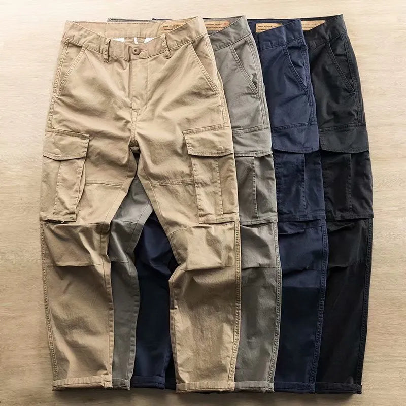 Men's khaki cotton trousers with multiple pockets and a cropped ankle length.
